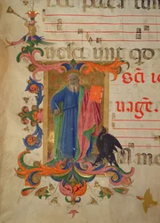 Missale 515 f.9r St. Johannes der Evangelist, Rand illuminiert von Filippo do Mateo Torelli, Detail aus einem Chorbuch vor 1449